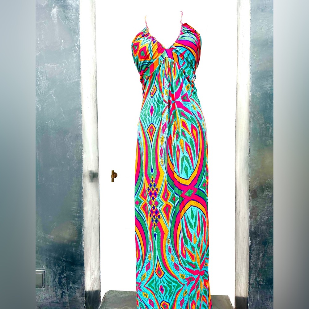 T-Bags Maxi Dress V-Neck Halter Multi-Color , Small